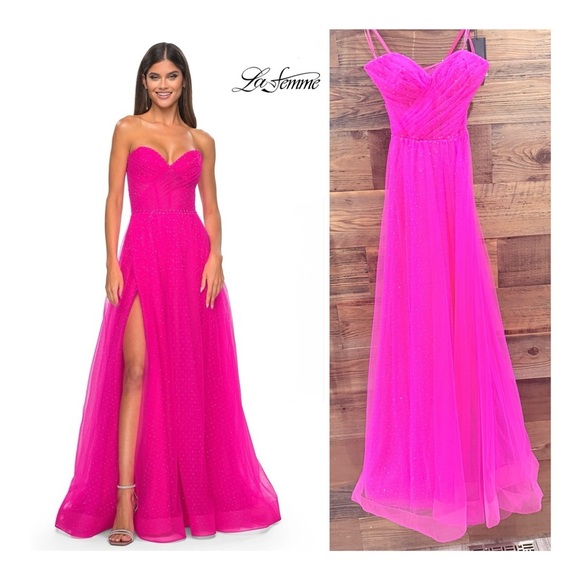 La Femme Hot Pink & Crystal Strapless Long Prom Ball Gown Dress 31997 NWT